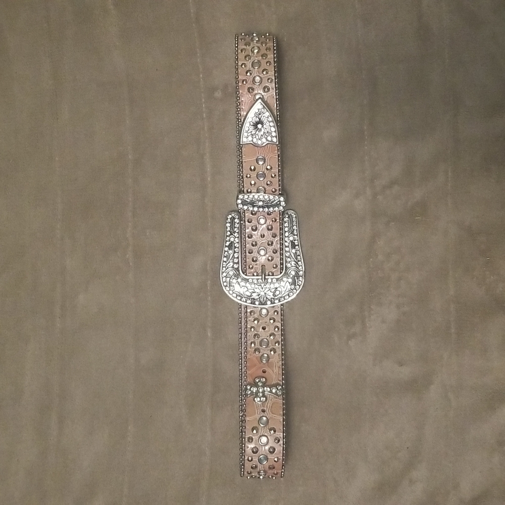 Beige patent leather western rhinestone belt